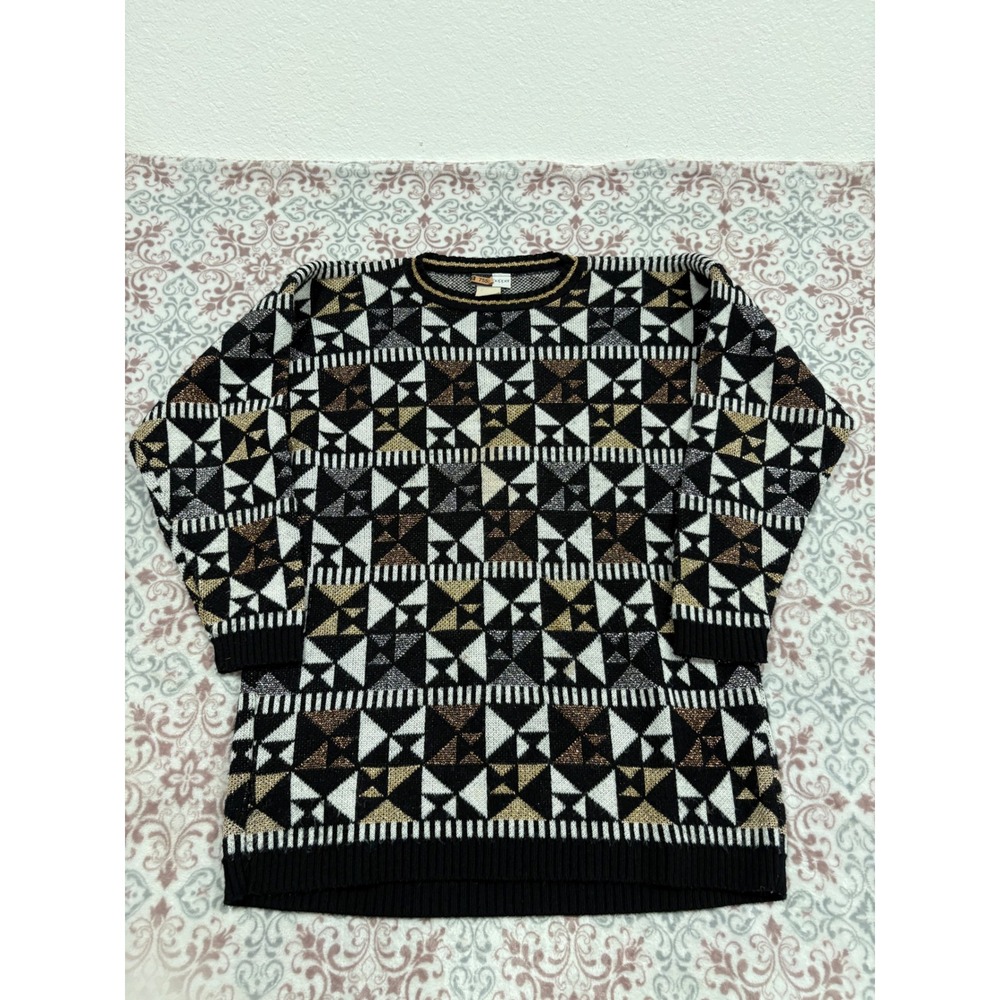 Vintage Copper Geometric Knit Sweater BlackGold Metallic Lurex Crewneck Pullover